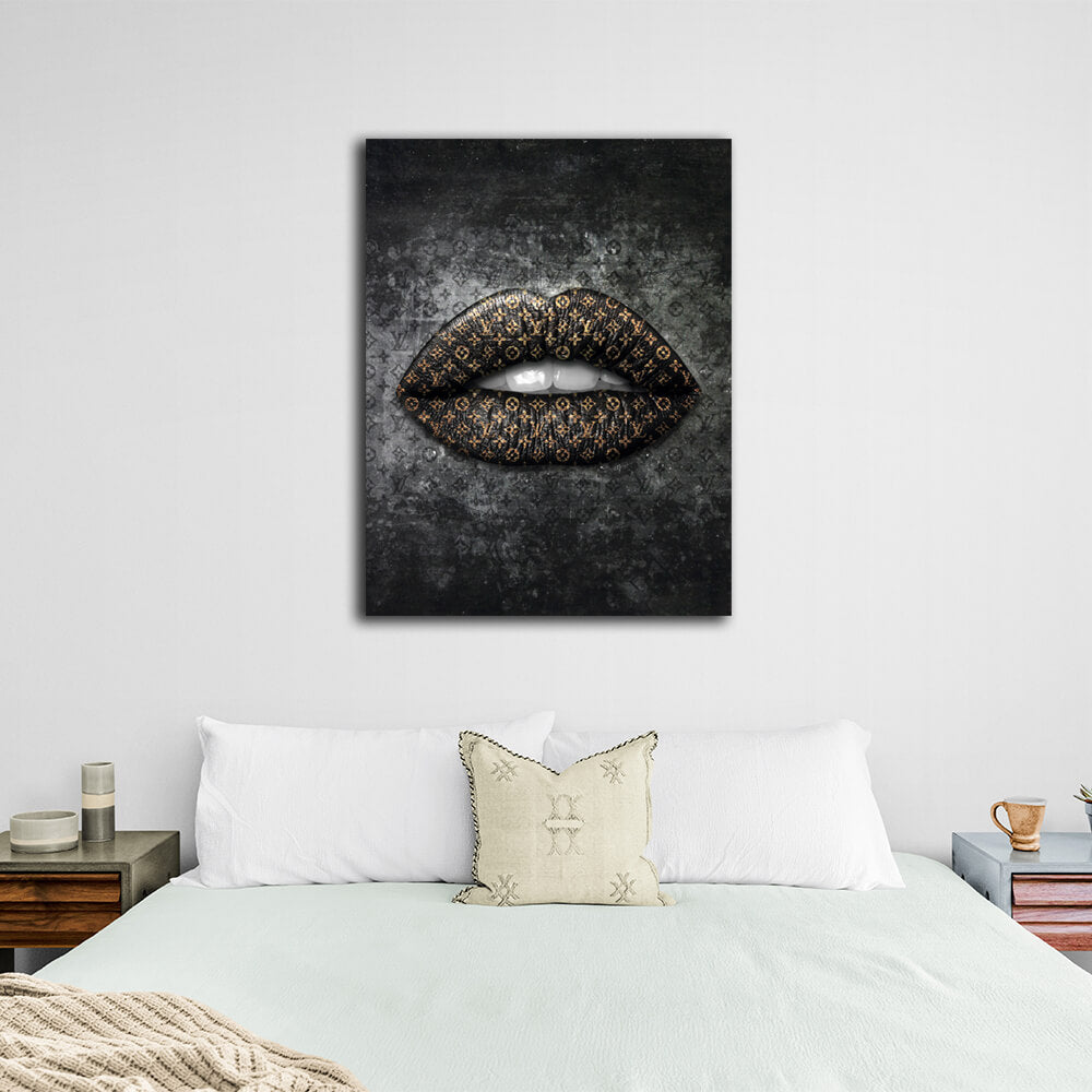 Lippen LV Gold Leinwand Wand Kunstdruck