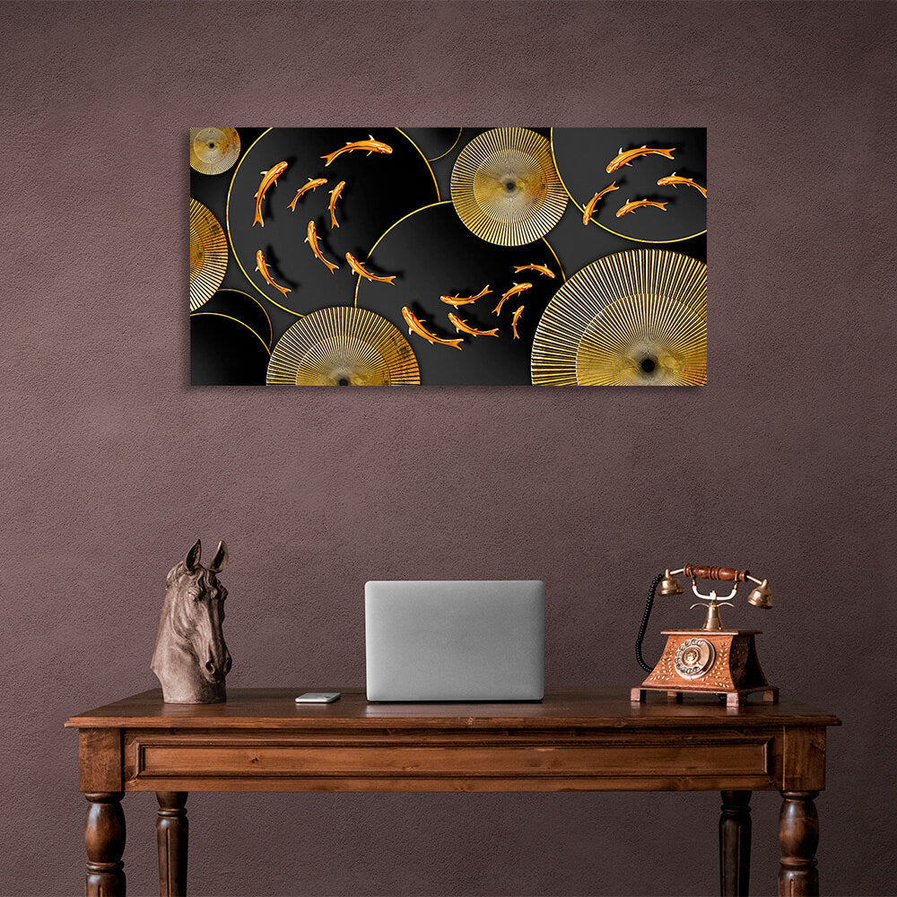 Abstraction goldfish on black and gold circlesAbstraction Canvas Wall Art Print