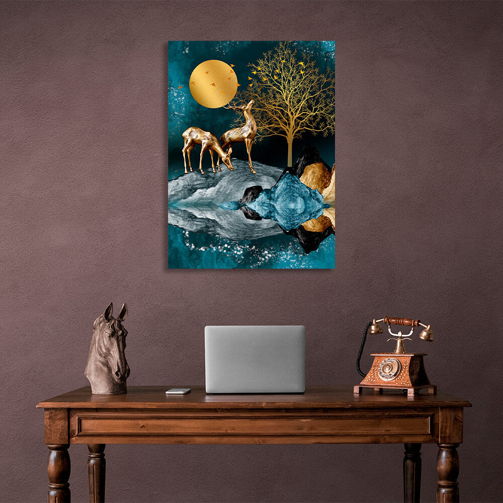 Deer near the tree under the moon is made in gold and blue colors Canvas Wall Art Print