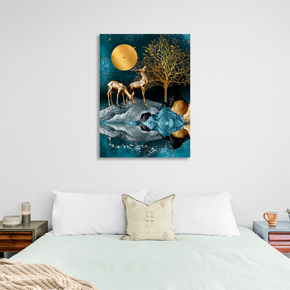 Deer near the tree under the moon is made in gold and blue colors Canvas Wall Art Print