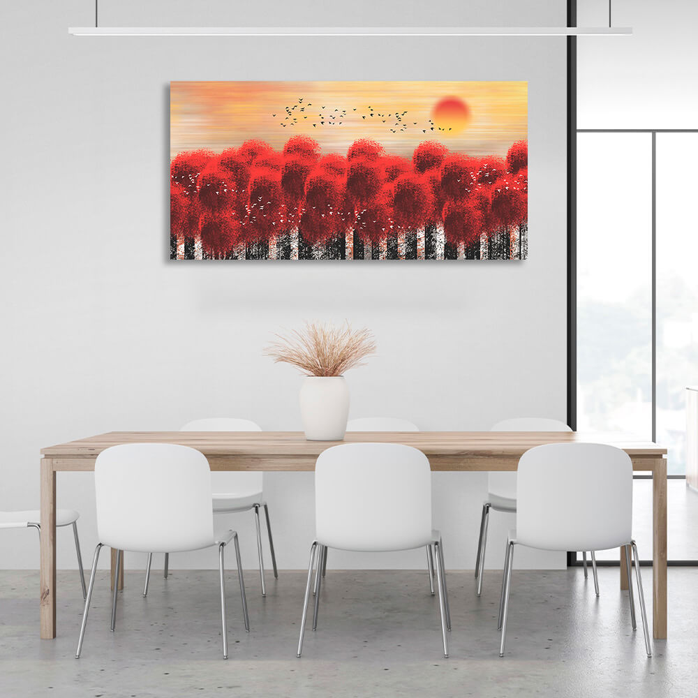 A forest of trees with red tops against a backdrop of sunset and birds Canvas Wall Art Print