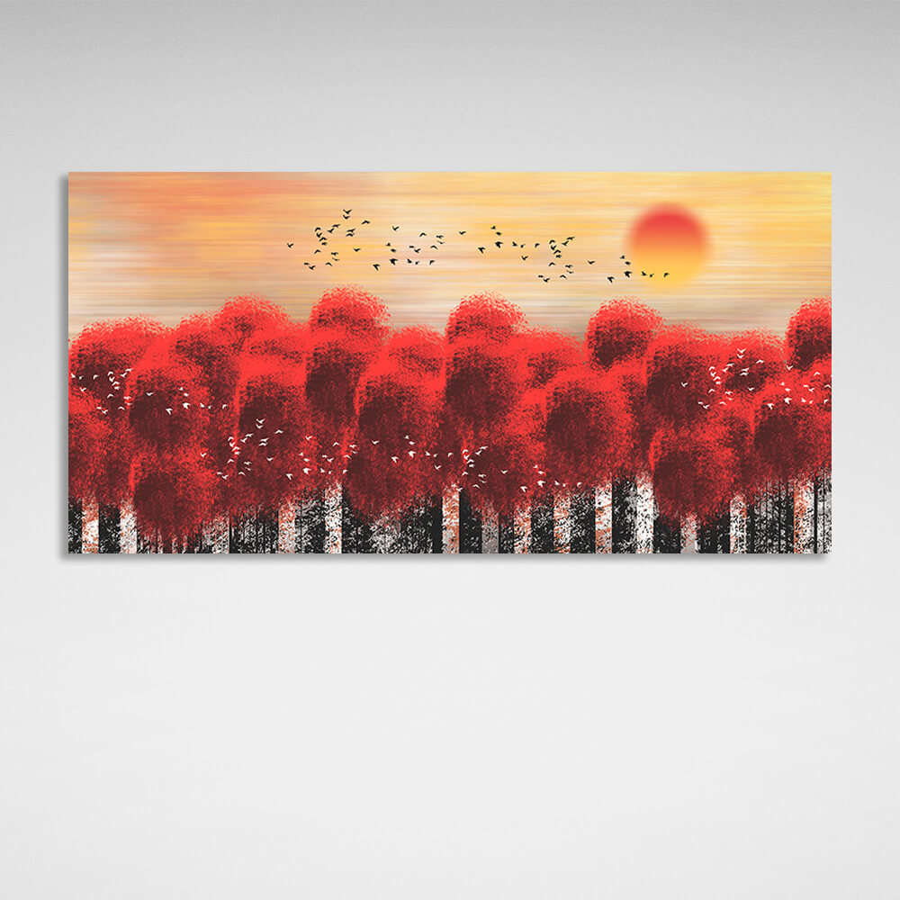 Ein Wald aus Bäumen mit roten Spitzen vor dem Hintergrund eines Sonnenuntergangs und Vögeln auf Leinwand, Kunstdruck