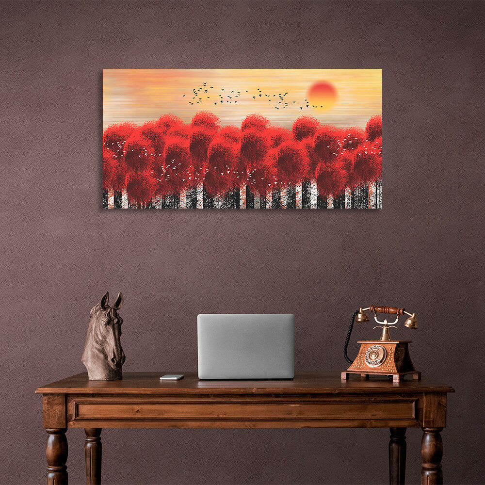 A forest of trees with red tops against a backdrop of sunset and birds Canvas Wall Art Print