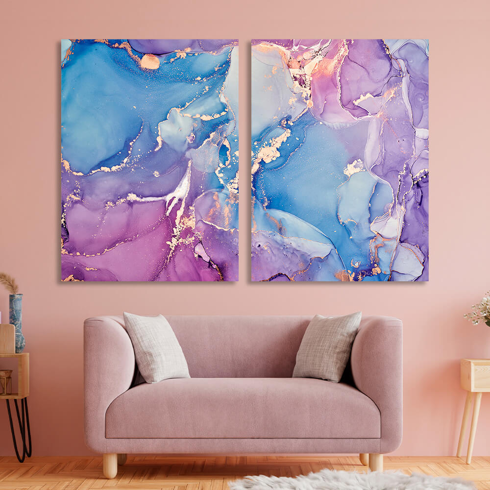 Modular abstract in blue and soft purple with gold lines Multi Panel Canvas Wall Art Print