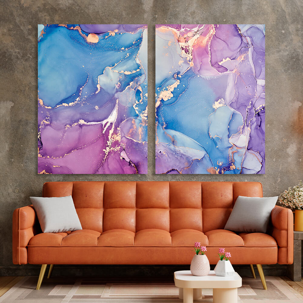 Modular abstract in blue and soft purple with gold lines Multi Panel Canvas Wall Art Print