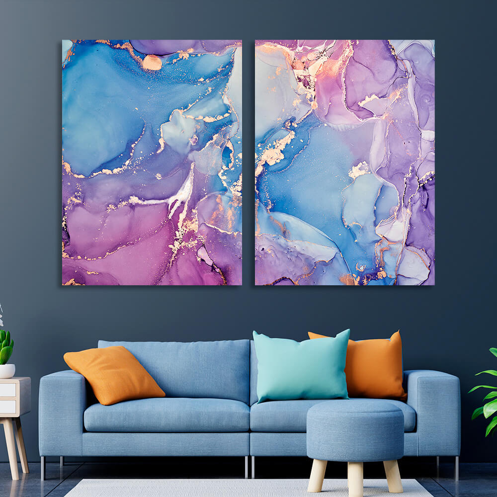 Modular abstract in blue and soft purple with gold lines Multi Panel Canvas Wall Art Print