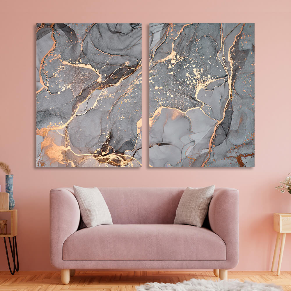 Modular gray abstract with gold lines Multi Panel Canvas Wall Art Print