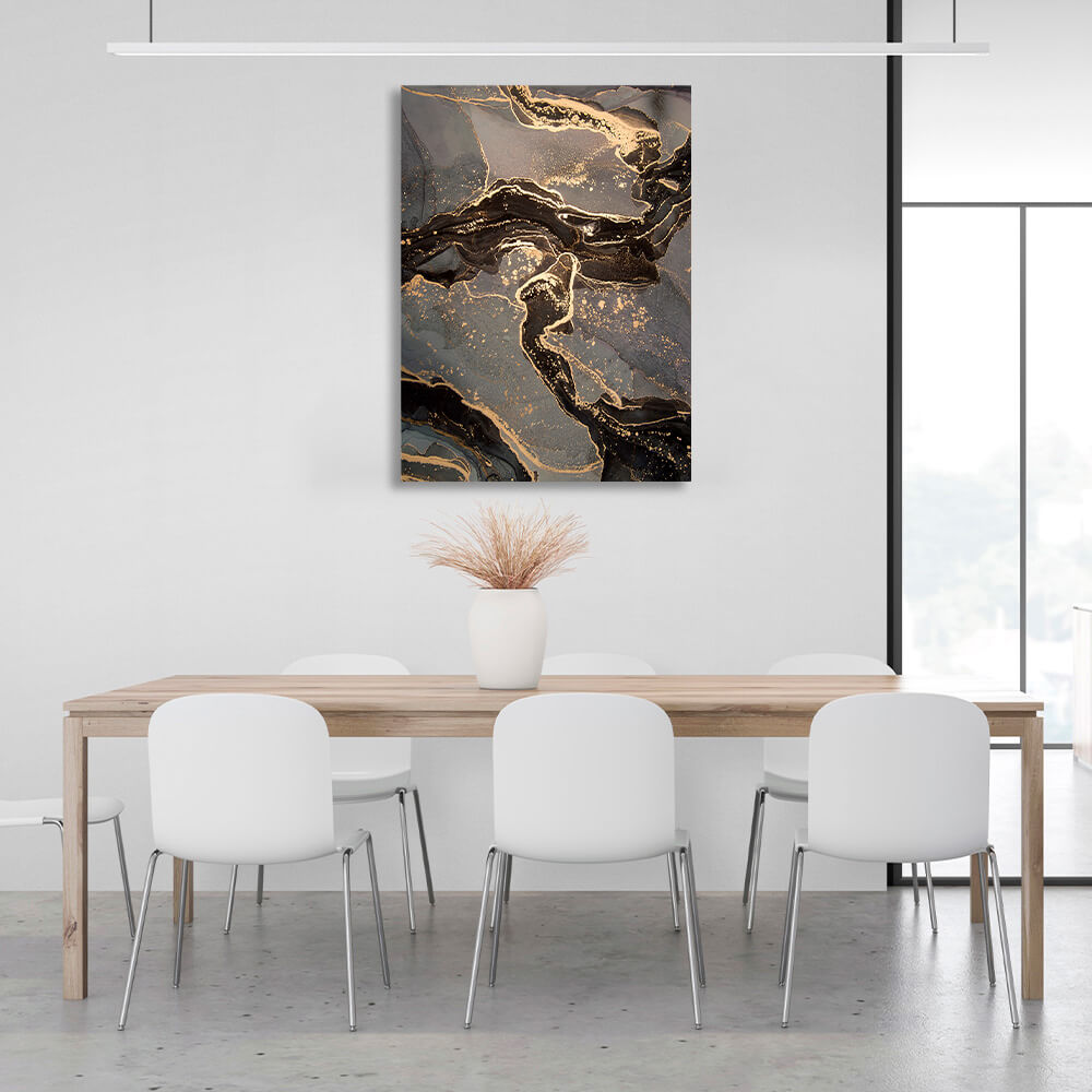 Dark brown abstract with gray spots and gold lines Abstraction Canvas Wall Art Print