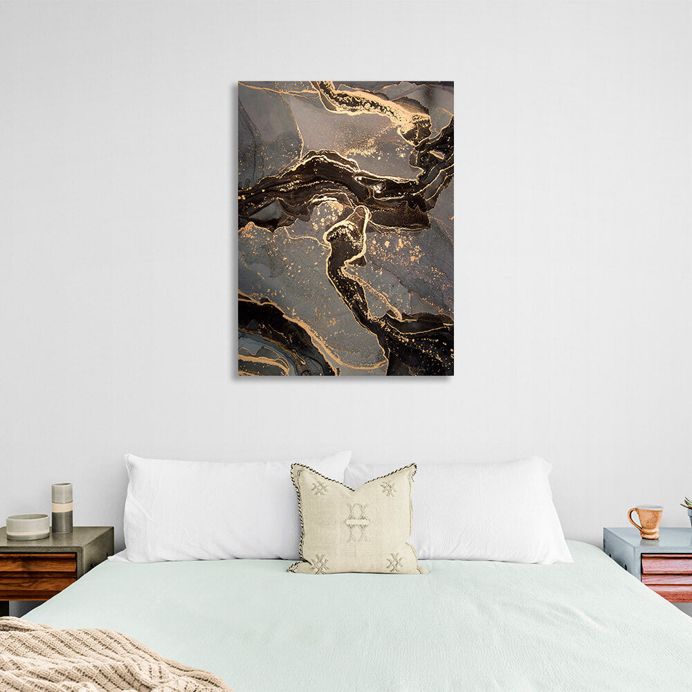 Dark brown abstract with gray spots and gold lines Abstraction Canvas Wall Art Print