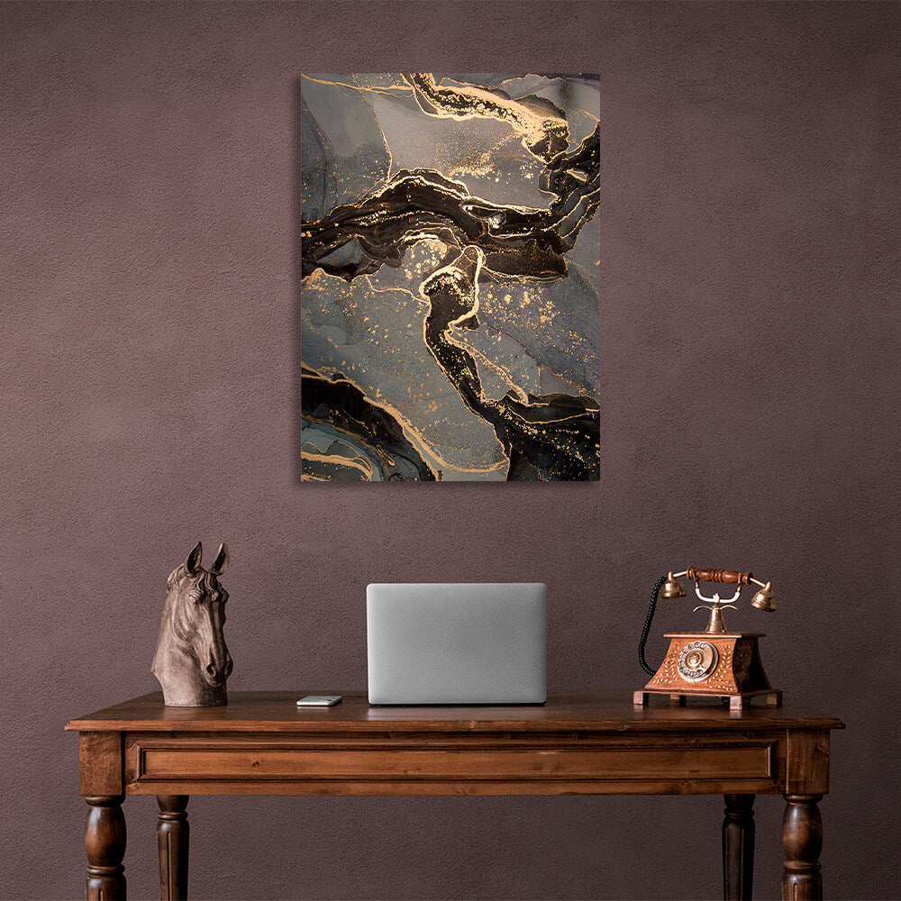 Dark brown abstract with gray spots and gold lines Abstraction Canvas Wall Art Print