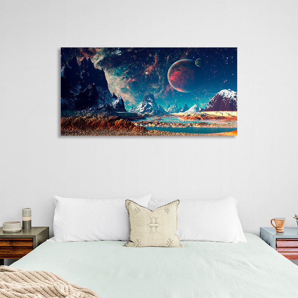 Space with planets in blue Canvas Wall Art Print