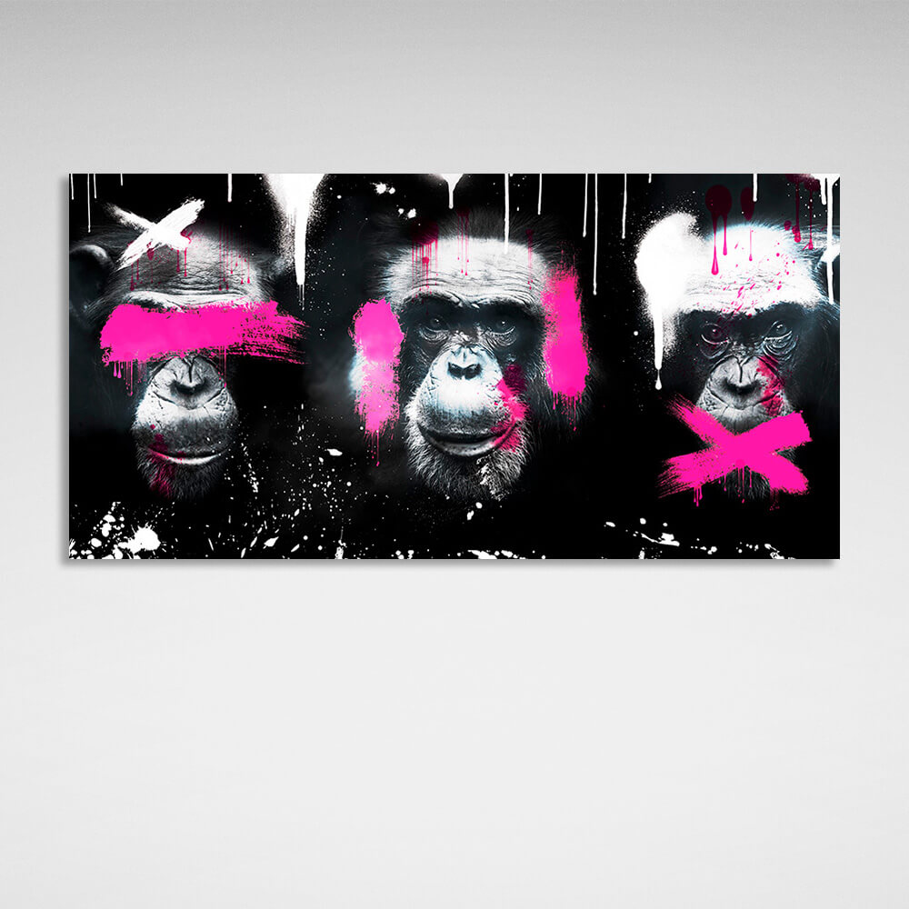 Three monkeys on black background, white and pink colors Canvas Wall Art Print