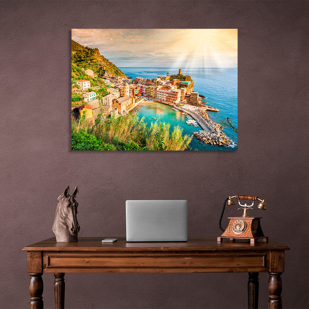 A town on a mountain by the sea Canvas Wall Art Print