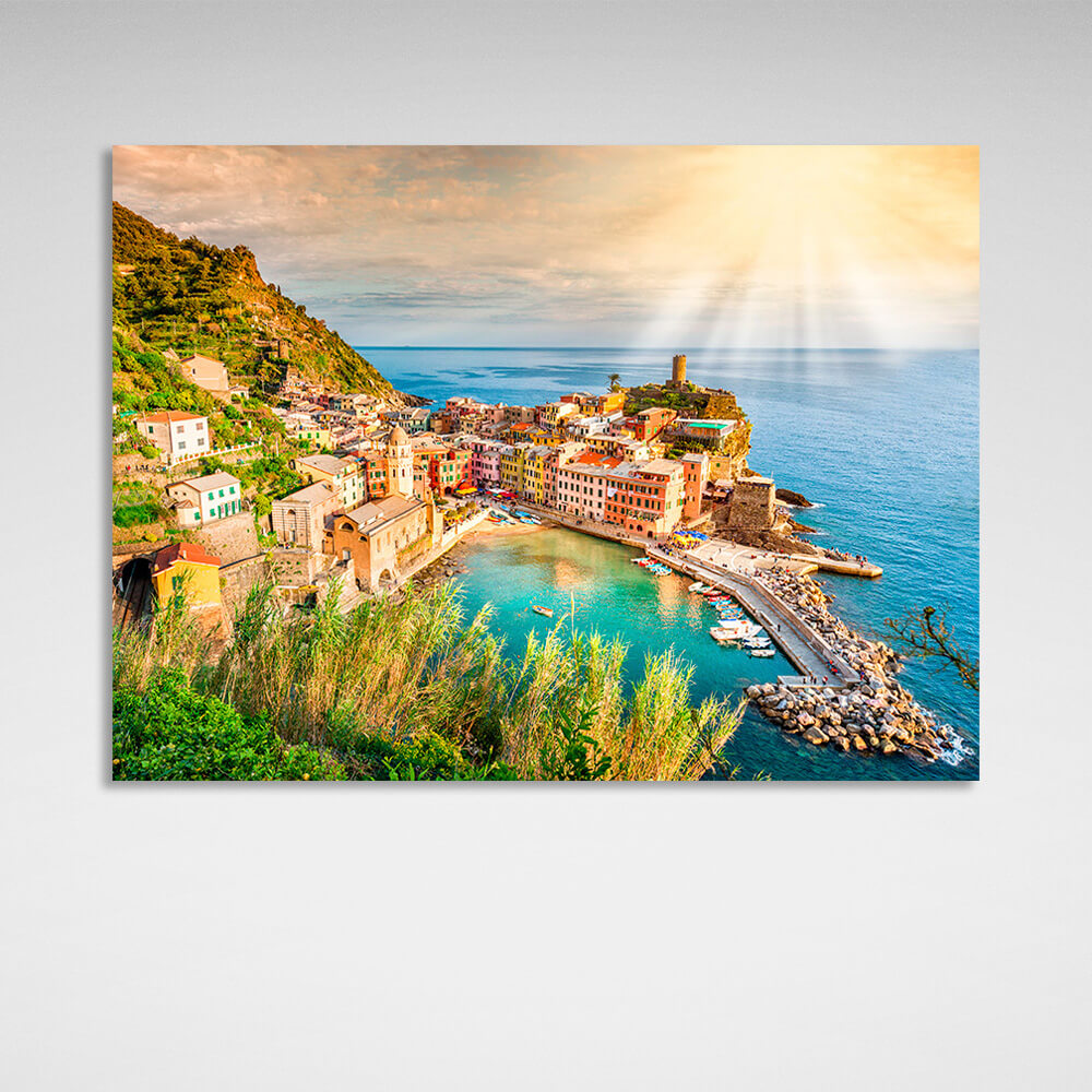 A town on a mountain by the sea Canvas Wall Art Print