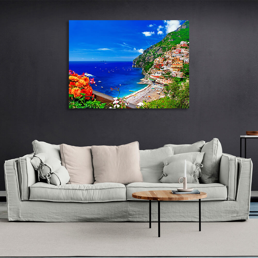 A town in the blue sea on a cliff Canvas Wall Art Print