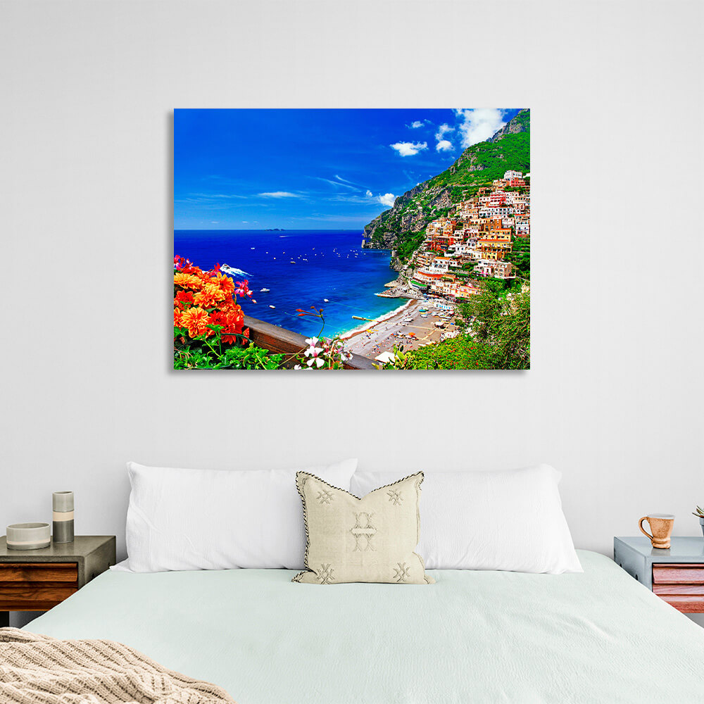 Kunstdruck auf Leinwand „Eine Stadt im blauen Meer auf einer Klippe“