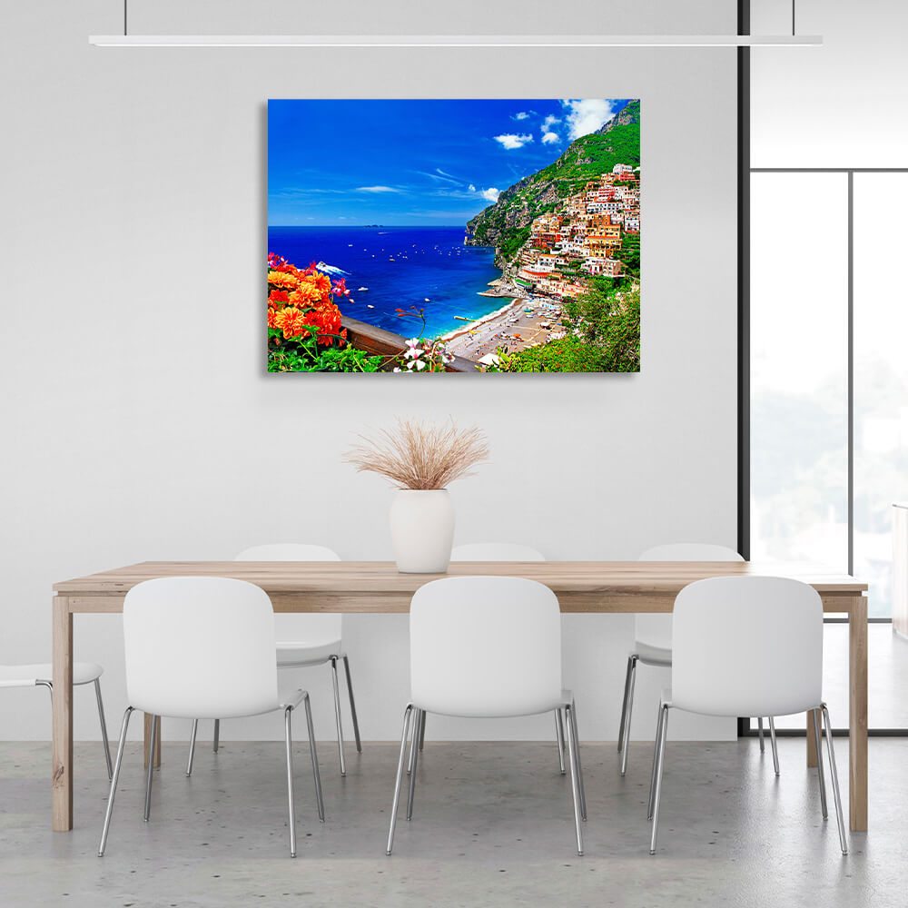 Kunstdruck auf Leinwand „Eine Stadt im blauen Meer auf einer Klippe“