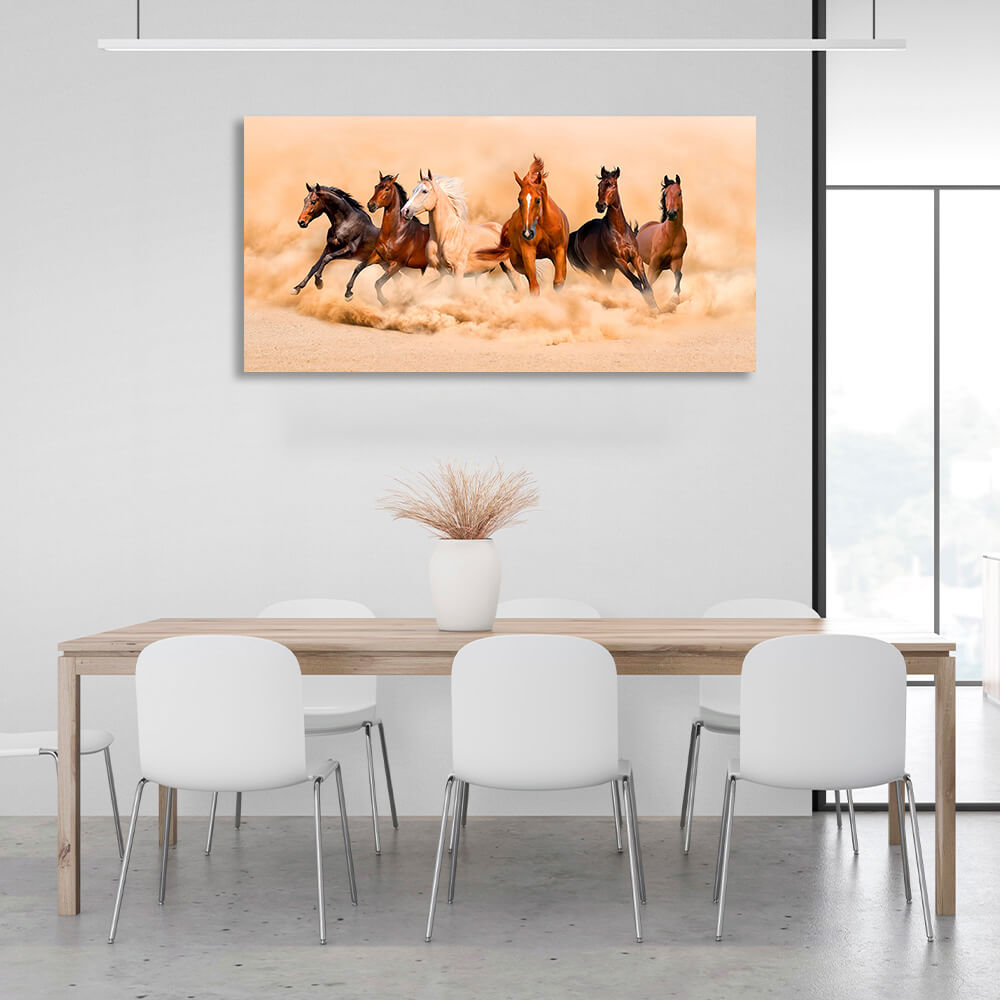 Six horses running across the sand in beige colors Canvas Wall Art Print