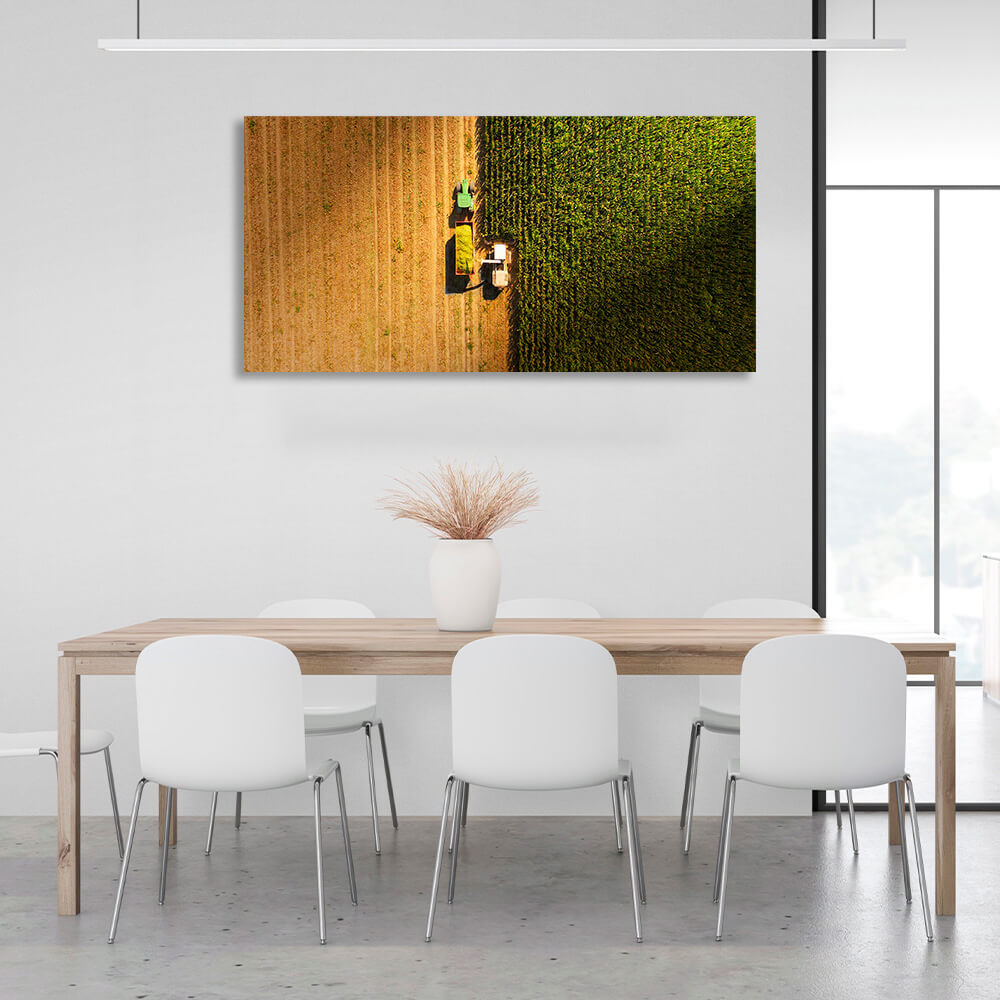 Two tractors in the field in green and yellow colors Canvas Wall Art Print