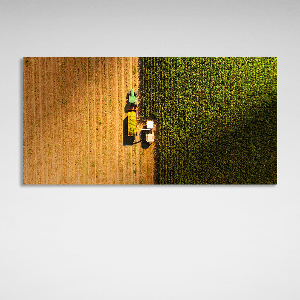 Two tractors in the field in green and yellow colors Canvas Wall Art Print