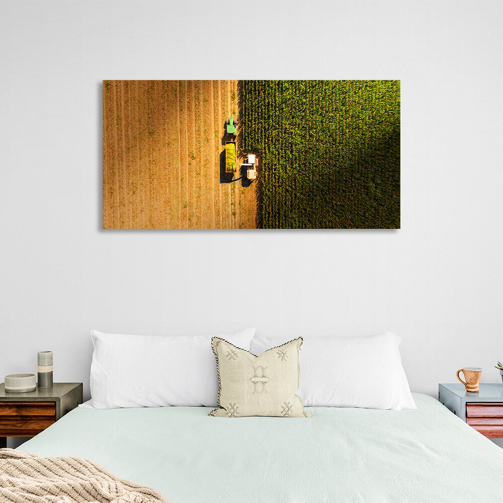 Two tractors in the field in green and yellow colors Canvas Wall Art Print