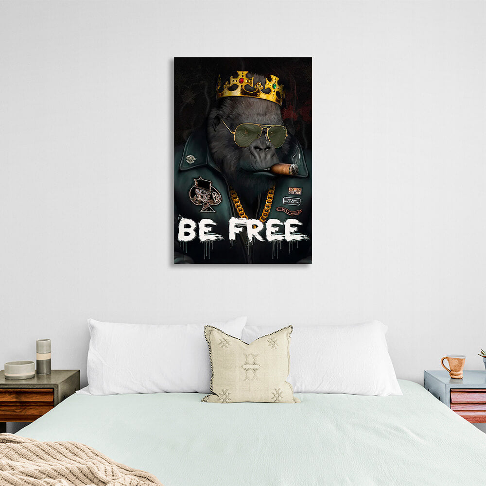 Black monkey in a golden crown Be free Motivational Canvas Wall Art Print