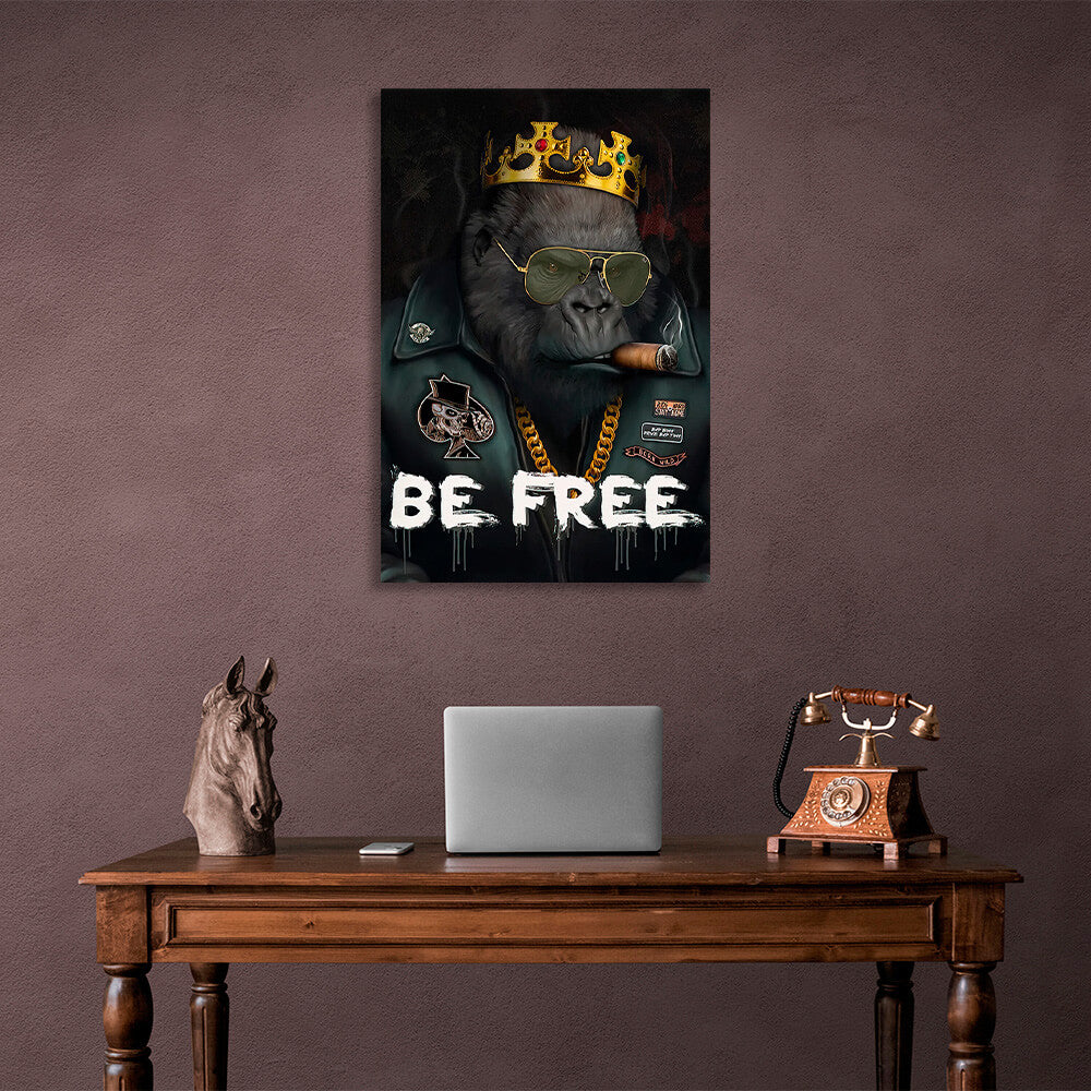 Black monkey in a golden crown Be free Motivational Canvas Wall Art Print