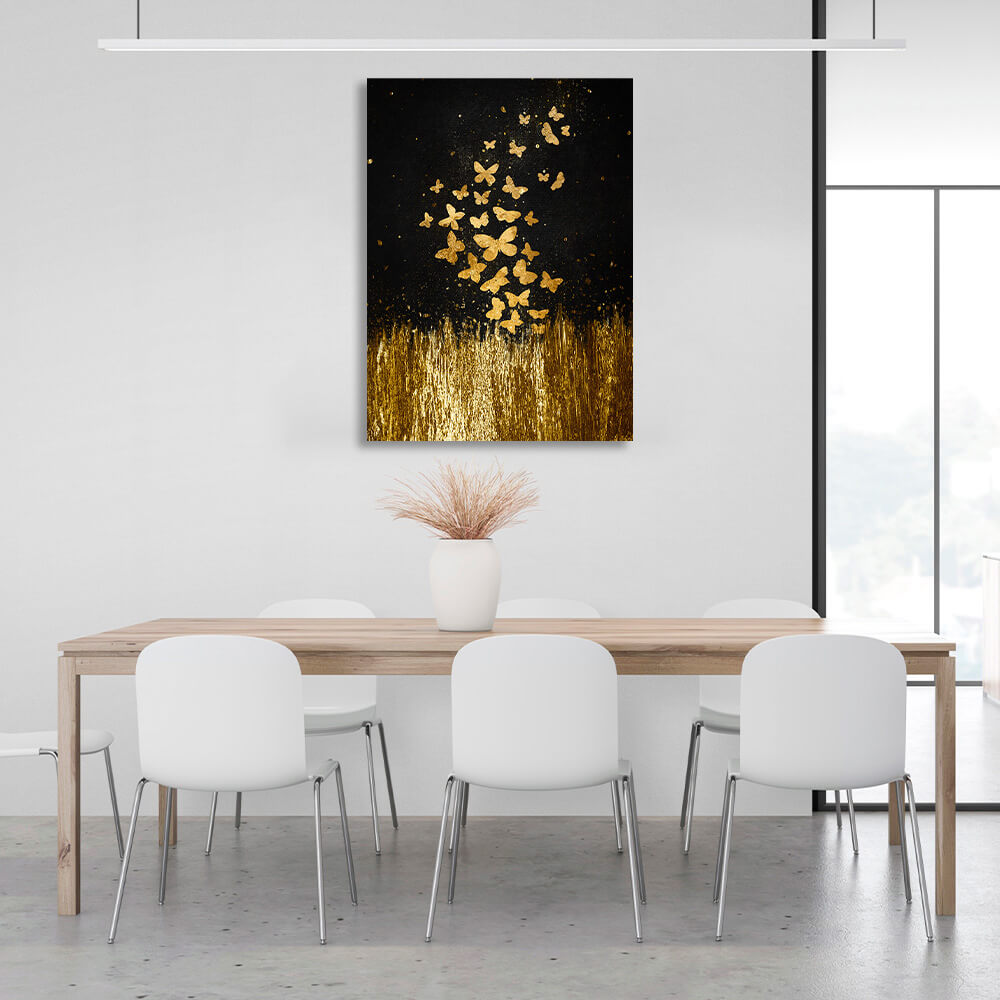 Golden butterflies fly over golden grass on a black background Canvas Wall Art Print