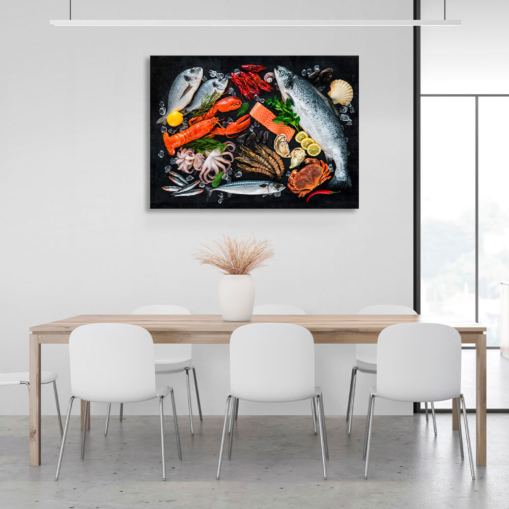 Seafood on a blacktop Canvas Wall Art Print For Kitchen