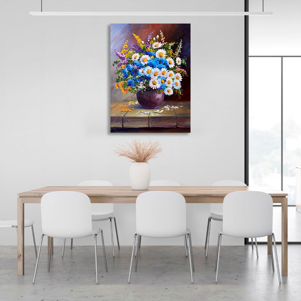 Kunstdruck auf Leinwand, Motiv: Wildblumen in Töpfen auf einem Holztisch