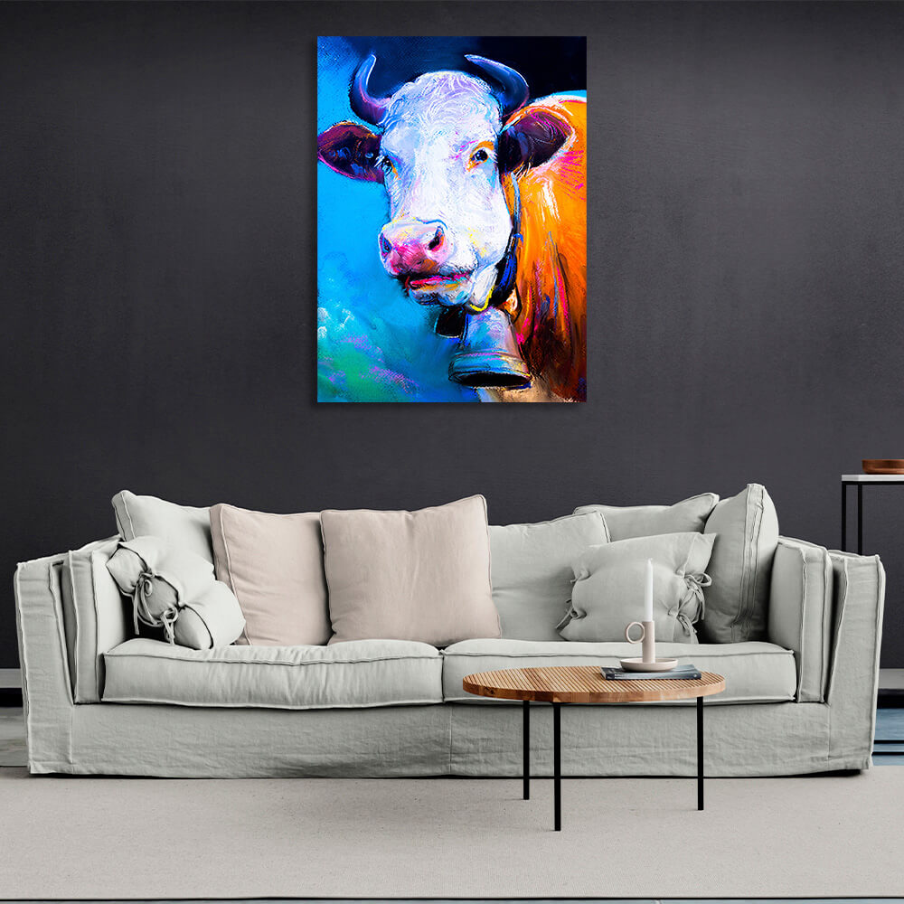 Mustard cow on blue background with simulated brush painting Canvas Wall Art Print