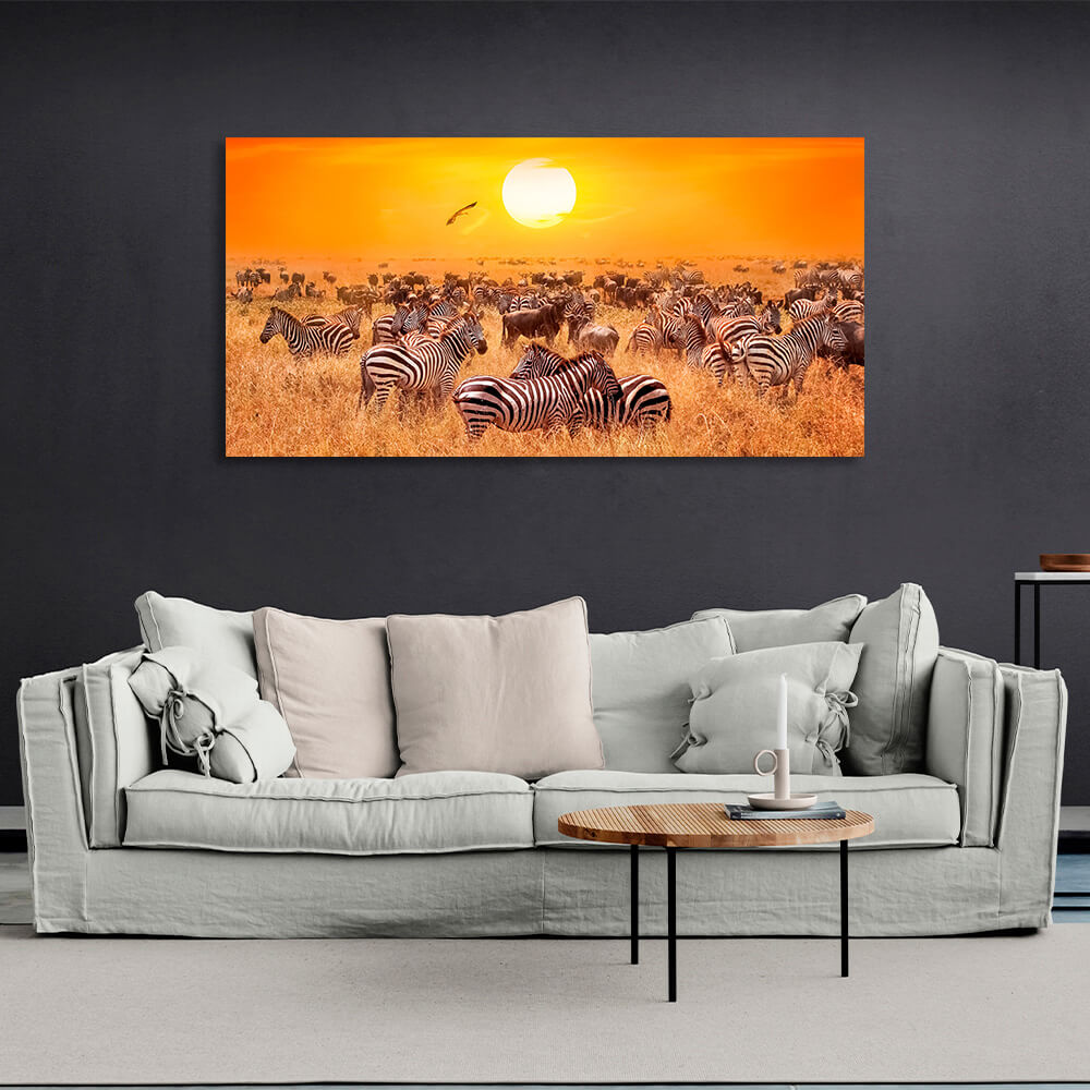 Riesige Herde Zebras auf einer trockenen Weide vor dem Hintergrund des Sonnenuntergangs. Kunstdruck auf Leinwand.