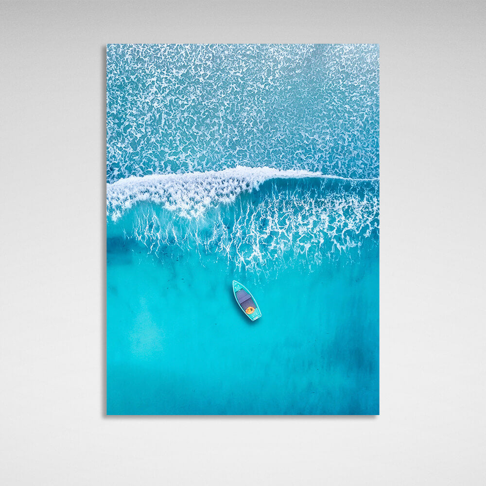 Gently blue boat from the top angle with blue waves of the sea Canvas Wall Art Print