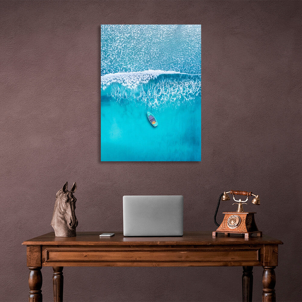 Gently blue boat from the top angle with blue waves of the sea Canvas Wall Art Print