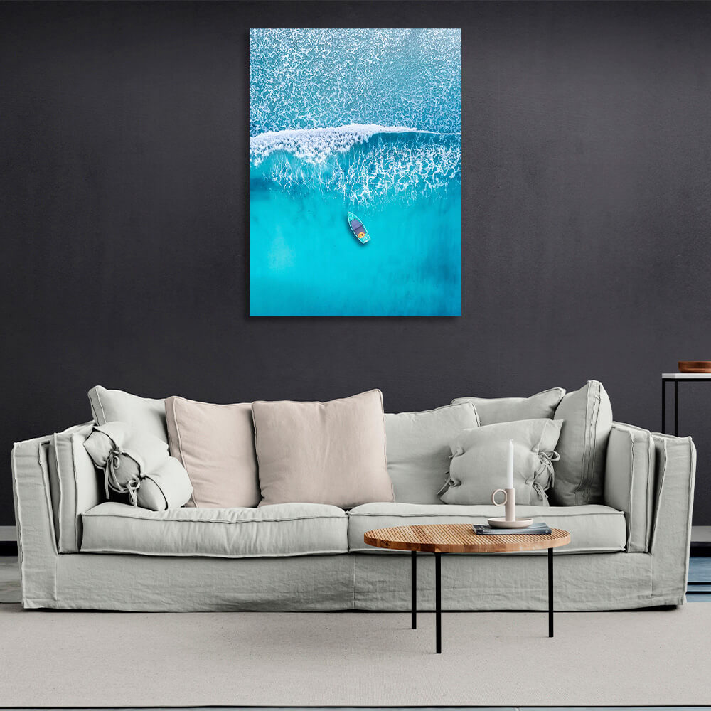 Gently blue boat from the top angle with blue waves of the sea Canvas Wall Art Print