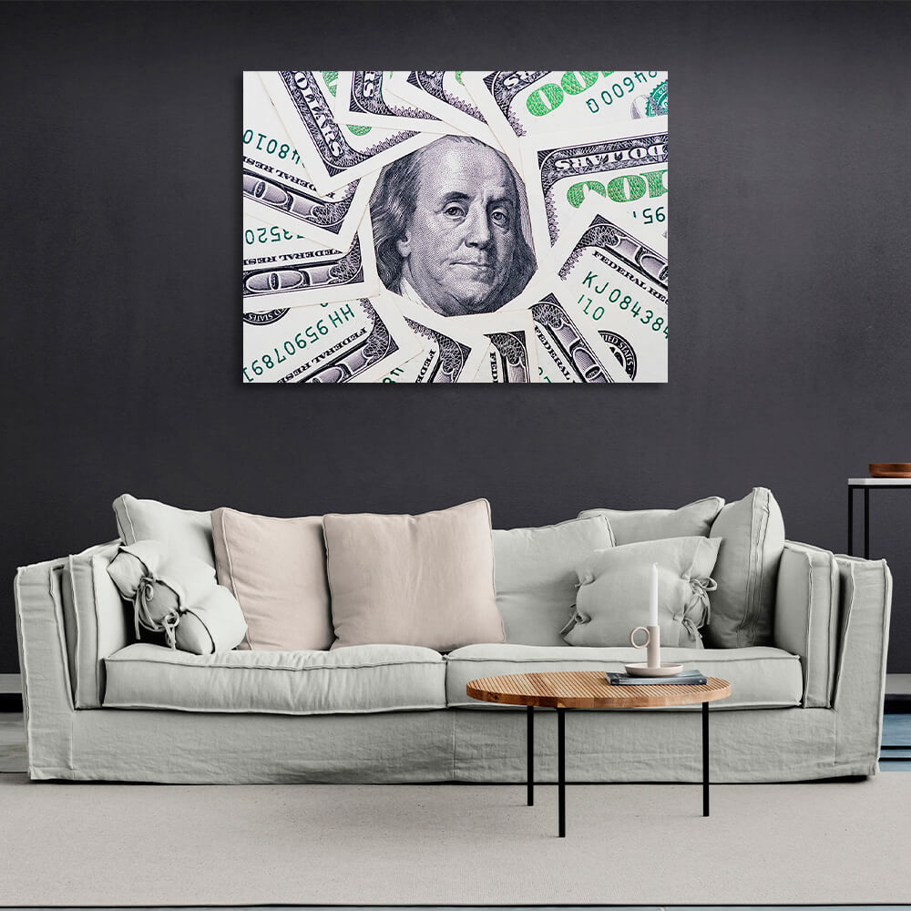 12 100-Dollar-Scheine, mit einem Bild von Franklin in der Mitte. Inspirierender Kunstdruck auf Leinwand