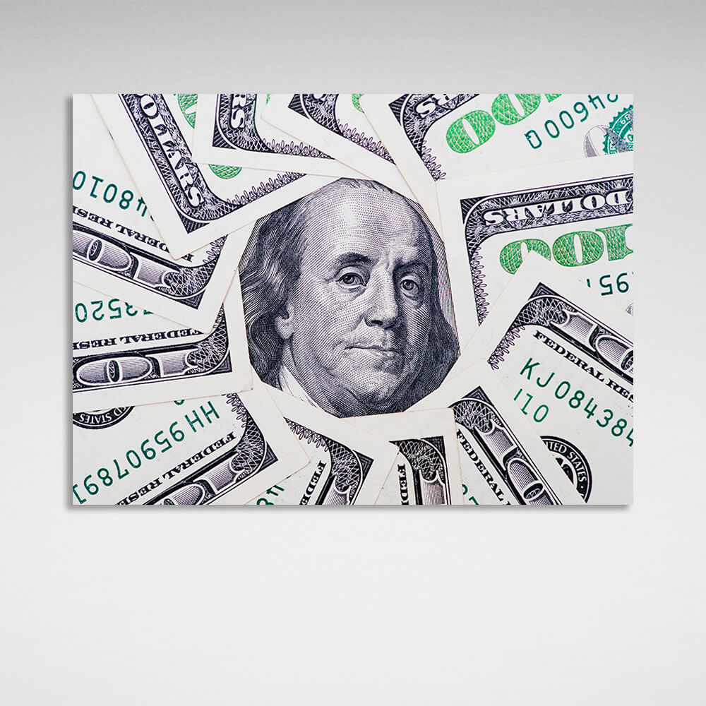 12 $100 bills, with a picture of Franklin in the middle. Inspirational Canvas Wall Art Print