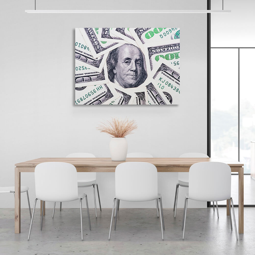 12 100-Dollar-Scheine, mit einem Bild von Franklin in der Mitte. Inspirierender Kunstdruck auf Leinwand