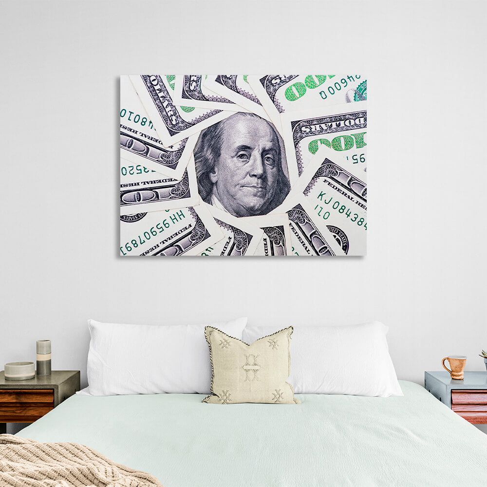 12 100-Dollar-Scheine, mit einem Bild von Franklin in der Mitte. Inspirierender Kunstdruck auf Leinwand