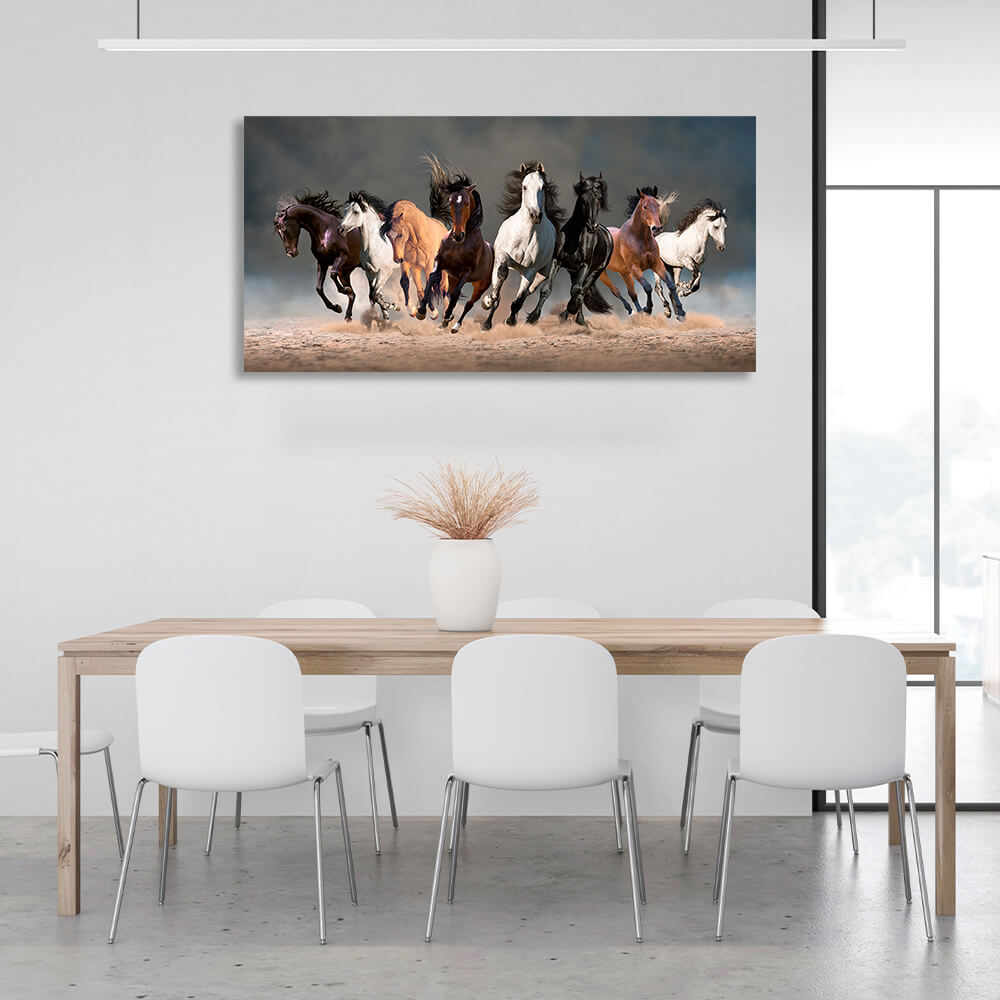 8 horses running on sand on dark background Canvas Wall Art Print