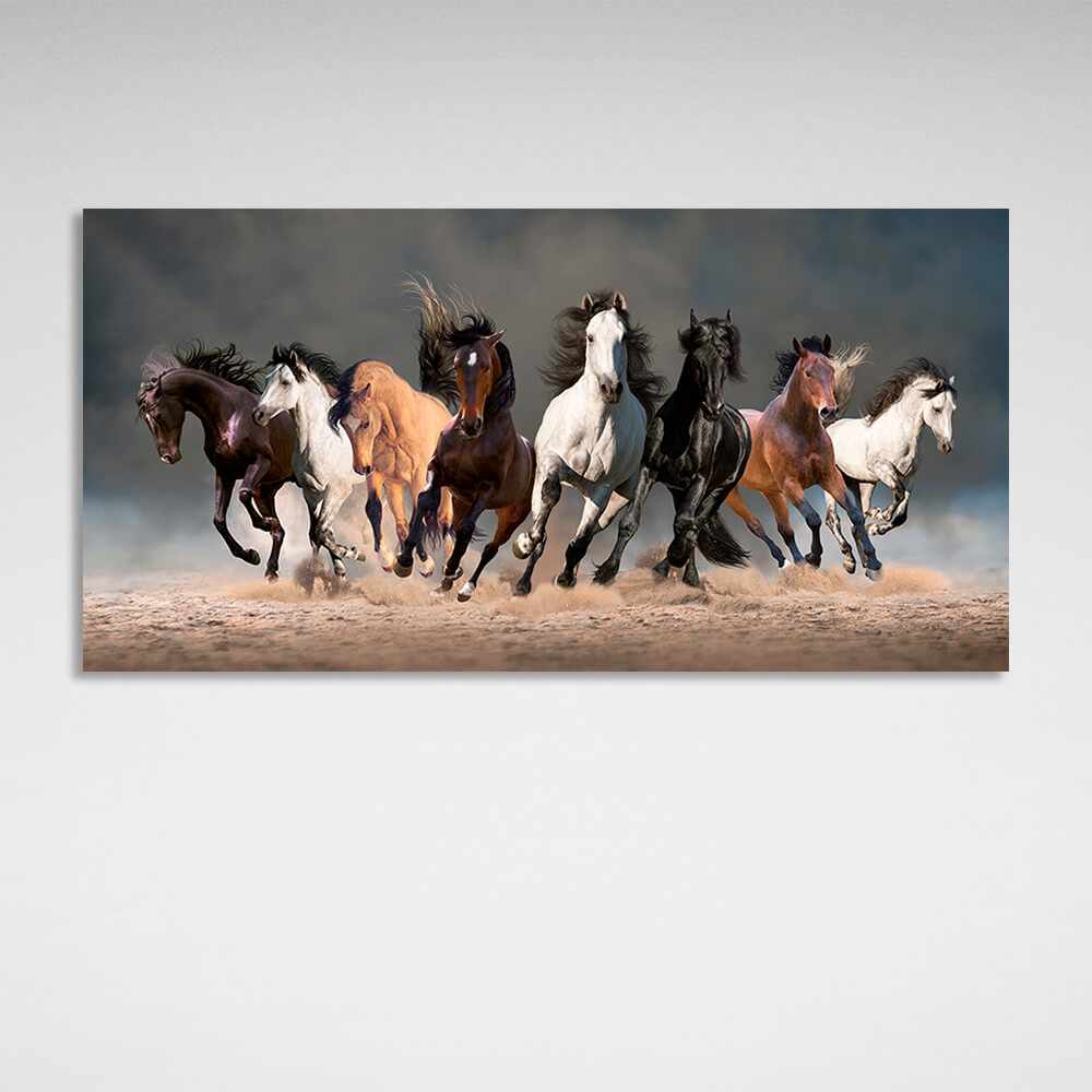 8 horses running on sand on dark background Canvas Wall Art Print