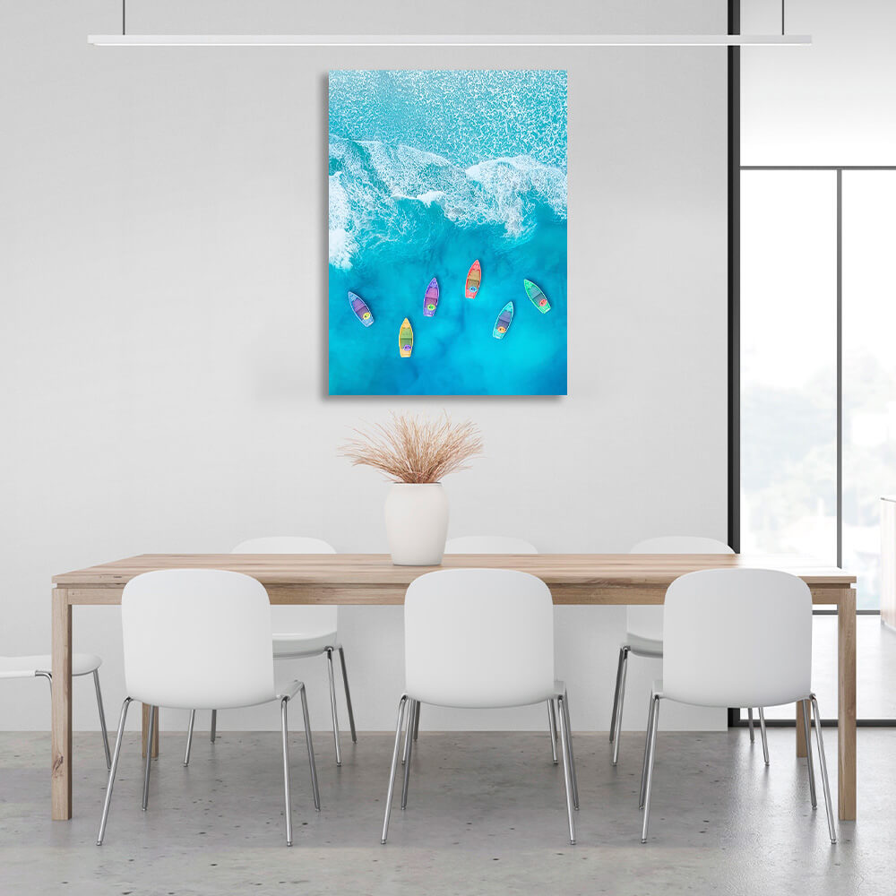 Six colorful boats in a soft blue sea with white foam Canvas Wall Art Print