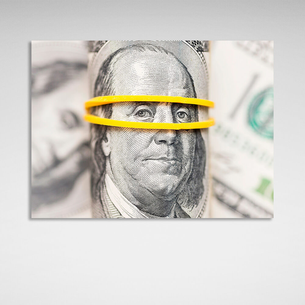 Franklin on a blurry background of dollars Inspirational Canvas Wall Art Print