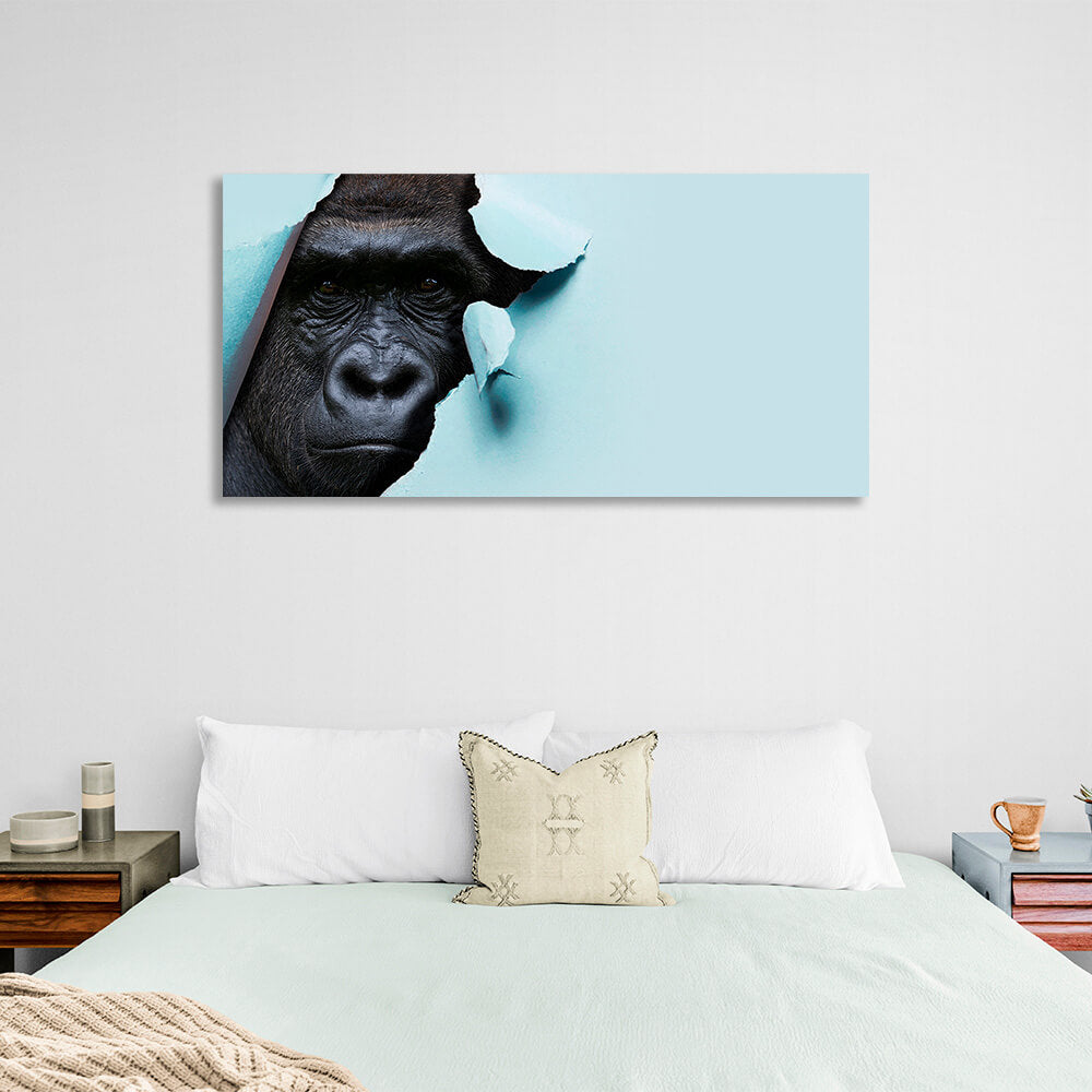 Schwarzer Gorilla auf blauem Hintergrund Leinwand Wand Kunstdruck