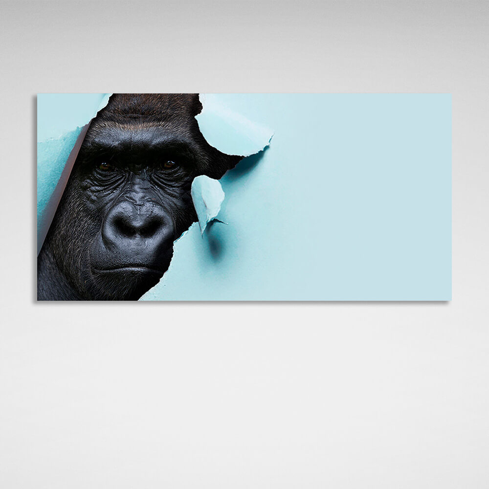 Schwarzer Gorilla auf blauem Hintergrund Leinwand Wand Kunstdruck