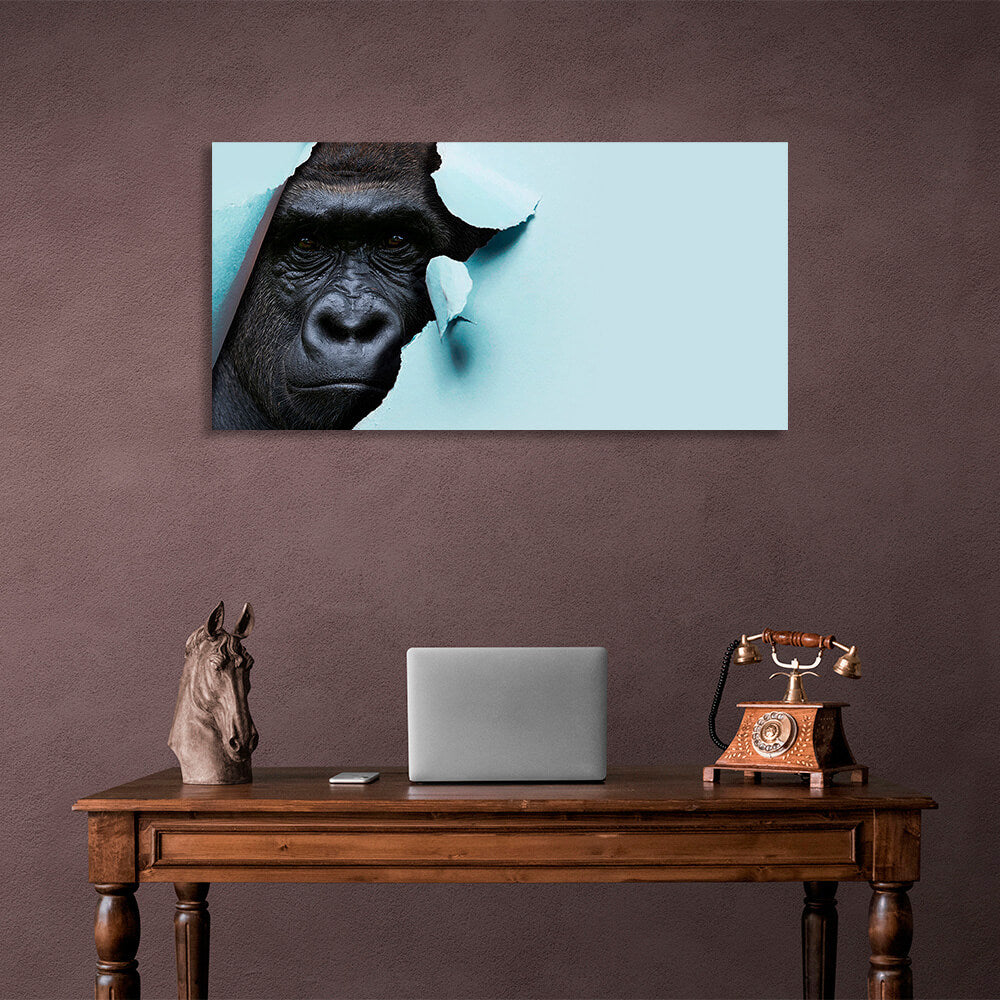 Schwarzer Gorilla auf blauem Hintergrund Leinwand Wand Kunstdruck