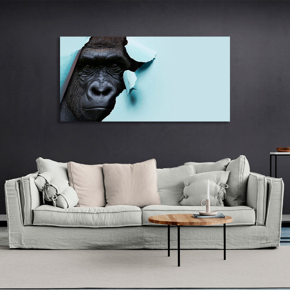 Schwarzer Gorilla auf blauem Hintergrund Leinwand Wand Kunstdruck