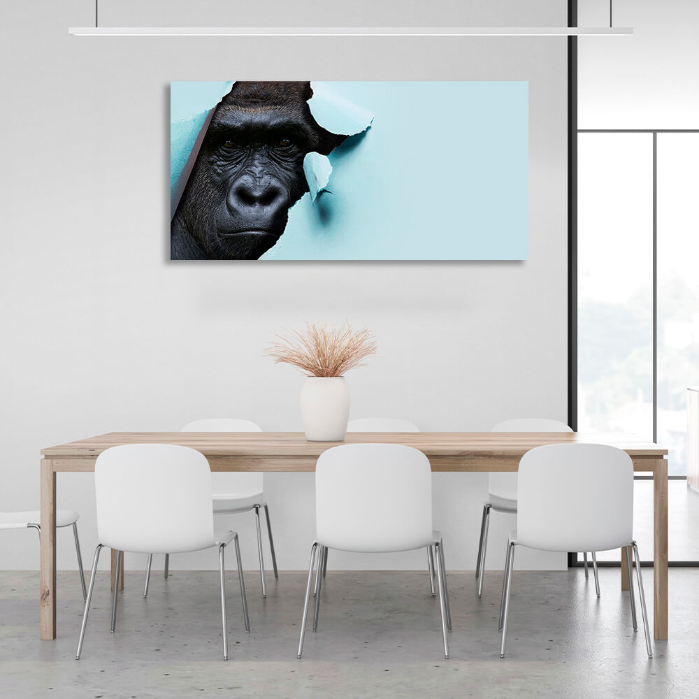 Black gorilla on a blue background Canvas Wall Art Print