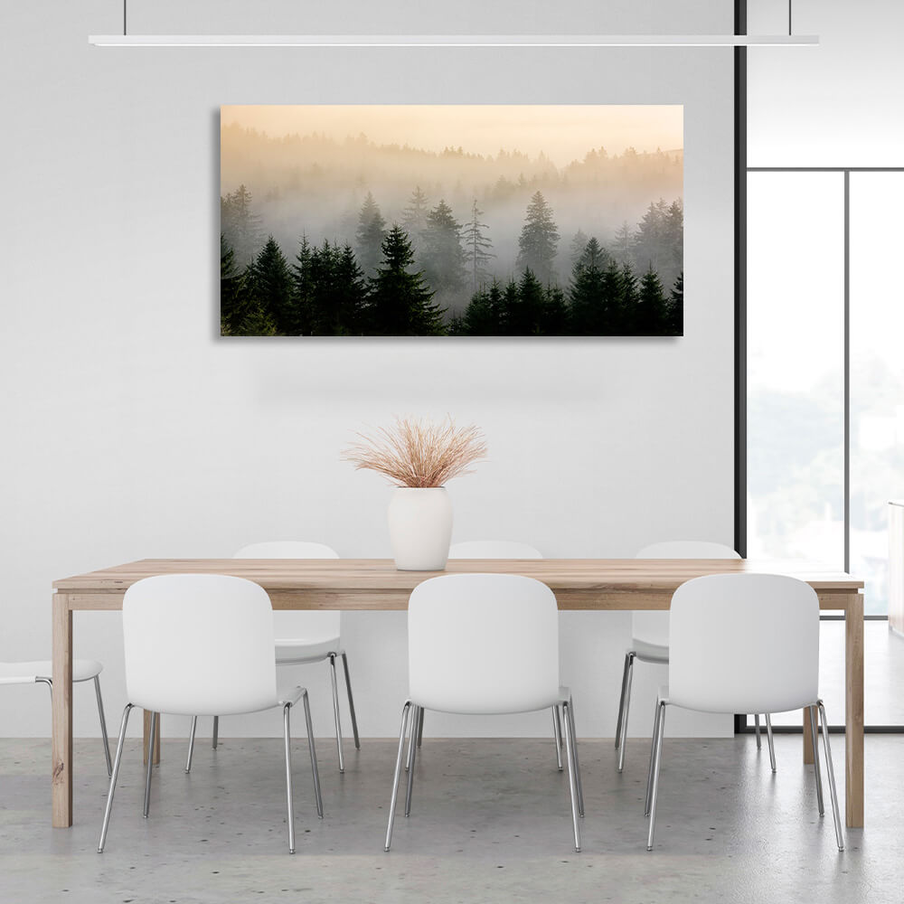 A misty forest of Christmas trees Canvas Wall Art Print