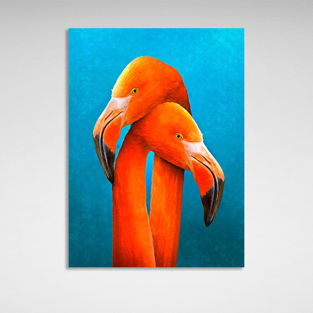 Leinwandbild „Zwei orange Flamingos auf blauem Hintergrund“